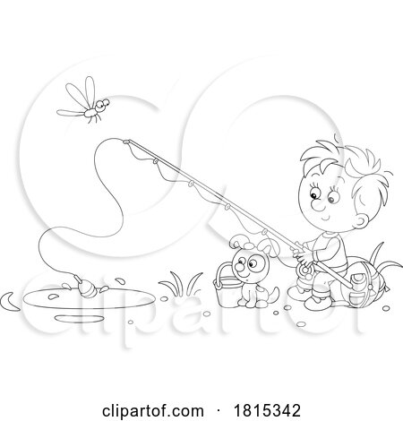 Cartoon Boy and Puppy Fishing Clipart by Alex Bannykh