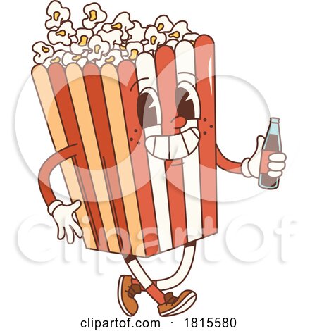 Retro Cartoon Popcorn Bucket Holding a Soda Character Clipart by Vector Tradition SM