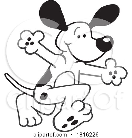 Cartoon Black and White Happy Dog Running Clipart by Johnny Sajem