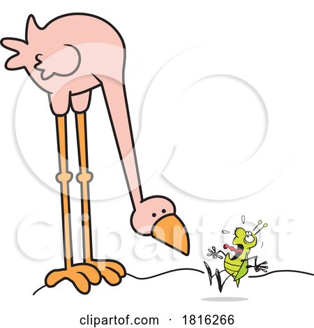 Cartoon Big Bird Observing a Scared Bug Clipart by Johnny Sajem