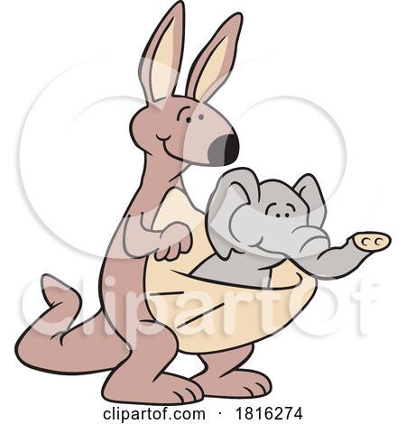 Cartoon Kangaroo with an Elephant Mismatched in Its Pouch Clipart by Johnny Sajem