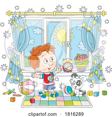 Cartoon Boy and Puppy Playing Inside Clipart by Alex Bannykh