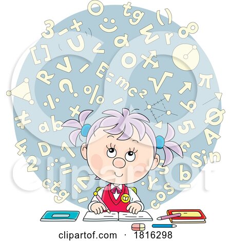 Cartoon School Girl Studying Math Clipart by Alex Bannykh