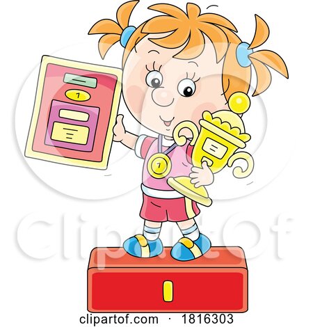 Cartoon Girl Holding a Trophy on a Podium Clipart by Alex Bannykh