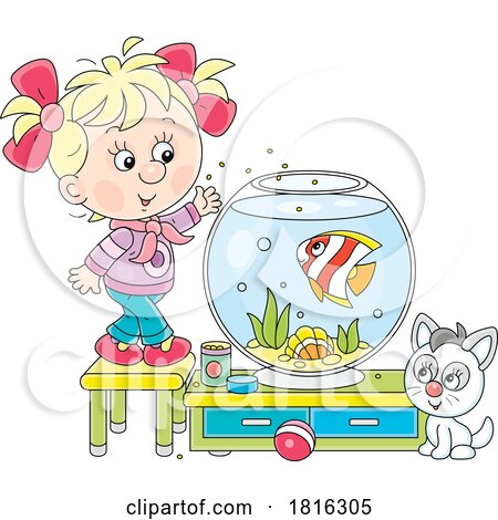 Cartoon Girl Feeding Her Pet Fish Clipart by Alex Bannykh