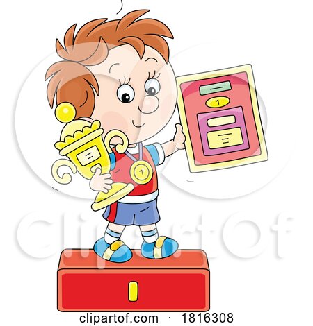 Cartoon Boy Holding a Trophy on a Podium Clipart by Alex Bannykh