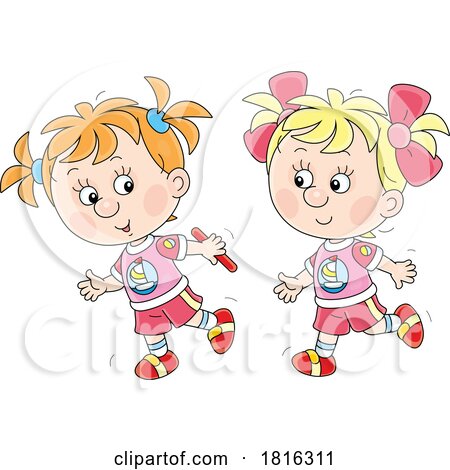 Cartoon Girls in a Baton Relay Race Clipart by Alex Bannykh