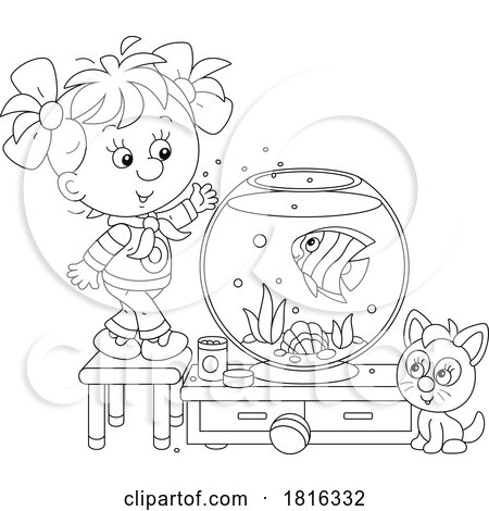 Cartoon Girl Feeding Her Pet Fish Clipart by Alex Bannykh