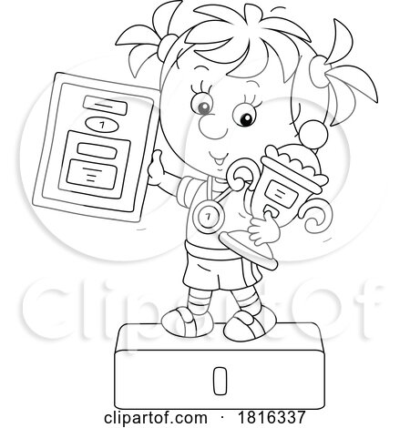 Cartoon Girl Holding a Trophy on a Podium Clipart by Alex Bannykh