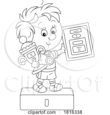 Cartoon Boy Holding a Trophy on a Podium Clipart by Alex Bannykh