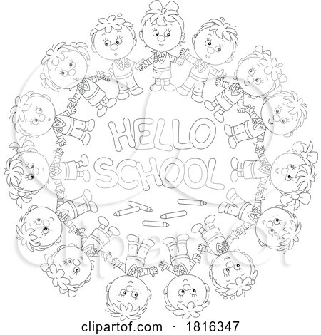 Cartoon Children Holding Around Hello School Text Clipart by Alex Bannykh