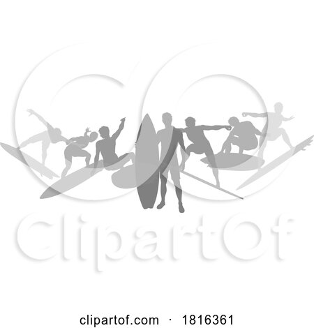 Surfers Surfing on Surf Boards Silhouettes Concept by AtStockIllustration