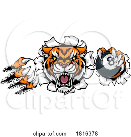 Tiger Angry Pool 8 Ball Billiards Mascot Cartoon by AtStockIllustration