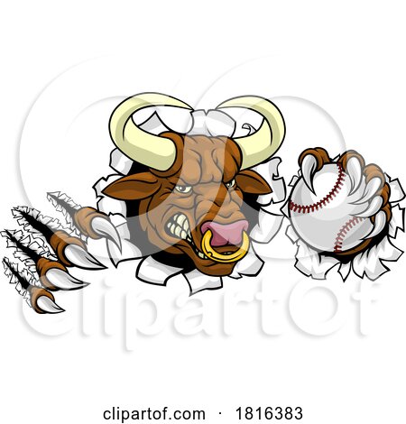 Bull Minotaur Longhorn Cow Baseball Mascot Cartoon by AtStockIllustration