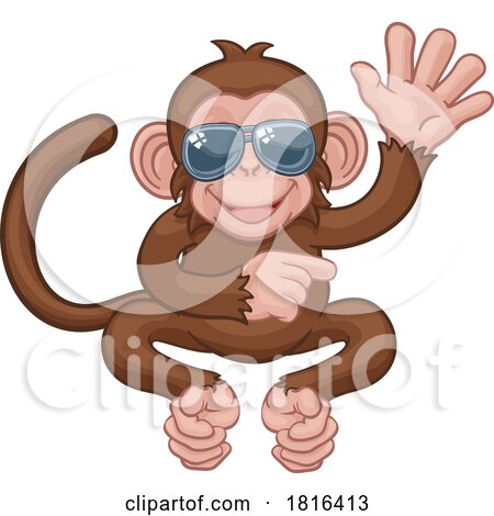 Monkey Sunglasses Cartoon Animal Waving Pointing by AtStockIllustration