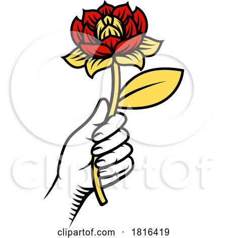 Hand Holding Flower Vintage Woodcut Tattoo Style by AtStockIllustration