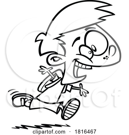 Cartoon Boy Excited to Go Back to School Licensed Clipart Black and White by toonaday