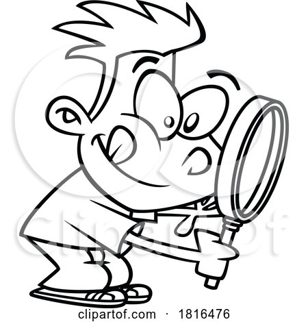 Cartoon Excited Boy Using a Magnifying Glass Licensed Clipart Black and White by toonaday