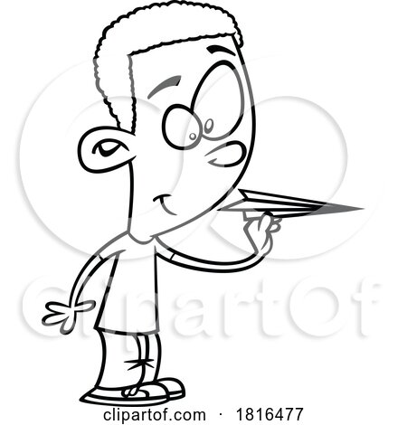 Cartoon Boy with a Paper Airplane Licensed Clipart Black and White by toonaday