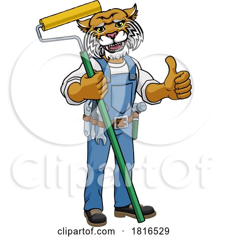 Wildcat Painter Decorator Paint Roller Mascot Man by AtStockIllustration