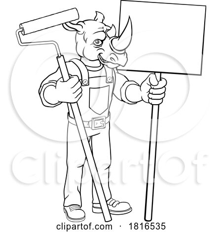 Rhino Painter Decorator Paint Roller Mascot Man by AtStockIllustration