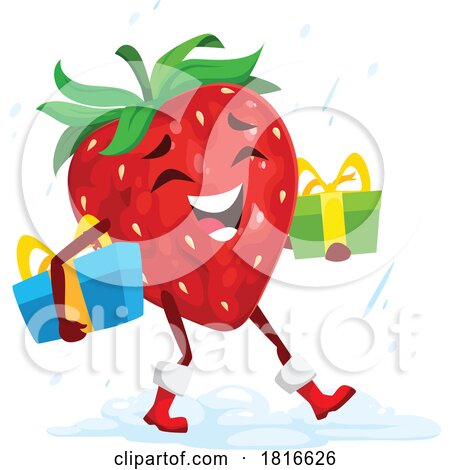 Retro Cartoon Christmas Shopping Strawberry Mascot Clipart by Vector Tradition SM