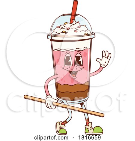 Retro Cartoon Strawberry Chocolate Milkshake Mascot Clipart by Vector Tradition SM