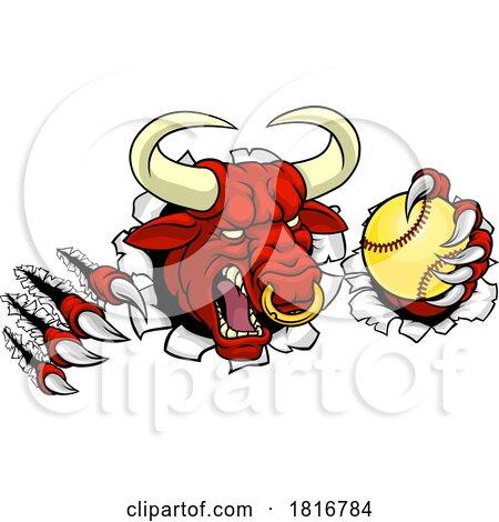 Bull Minotaur Longhorn Cow Softball Mascot Cartoon by AtStockIllustration