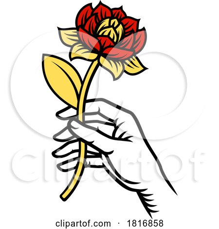 Hand Holding Flower Vintage Woodcut Tattoo Style by AtStockIllustration