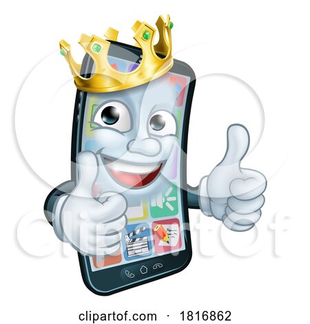 Mobile Phone King Crown Thumbs up Cartoon Mascot by AtStockIllustration