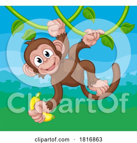 Monkey Singing on Jungle Vines with Banana Cartoon by AtStockIllustration