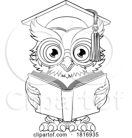 Wise Owl Cartoon Old Teacher Reading Book by AtStockIllustration