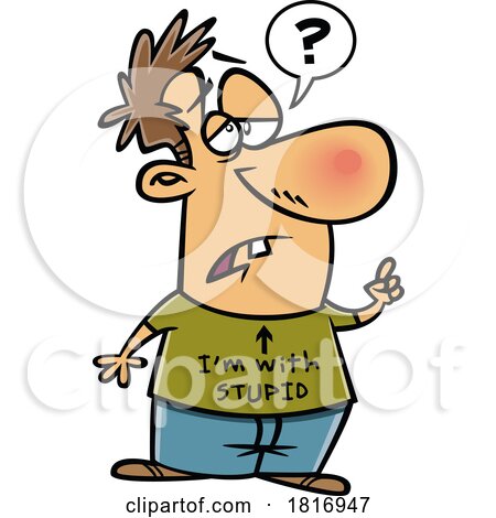 Cartoon Man Wearing a Funny Shirt and Asking a Stupid Question Licensed Clipart by toonaday