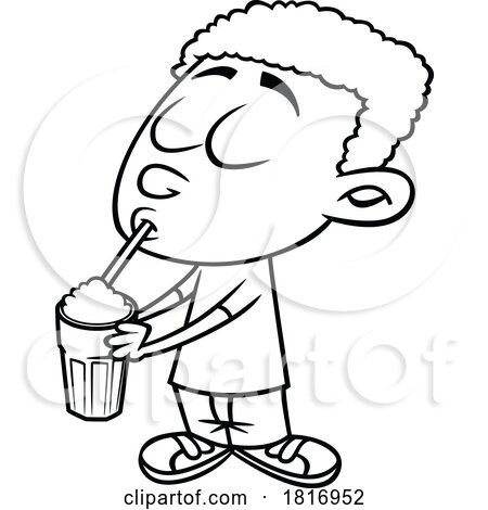 Cartoon Black and White Boy Enjoying a Milkshake Licensed Clipart by toonaday