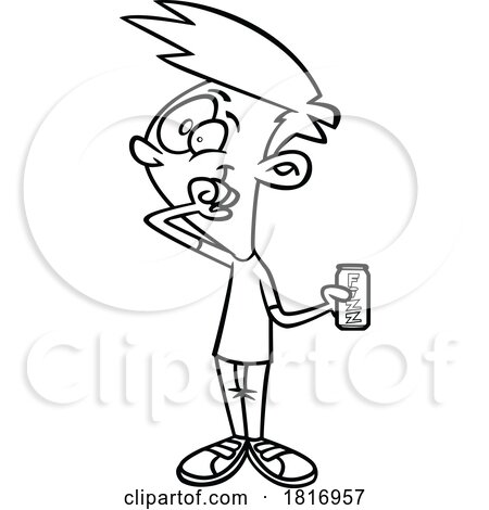 Cartoon Black and White Boy Drinking a Fizzy Soda Licensed Clipart by toonaday