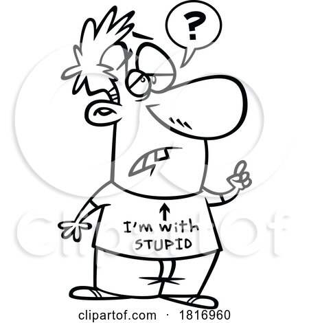 Cartoon Black and White Man Wearing a Funny Shirt and Asking a Stupid Question Licensed Clipart by toonaday