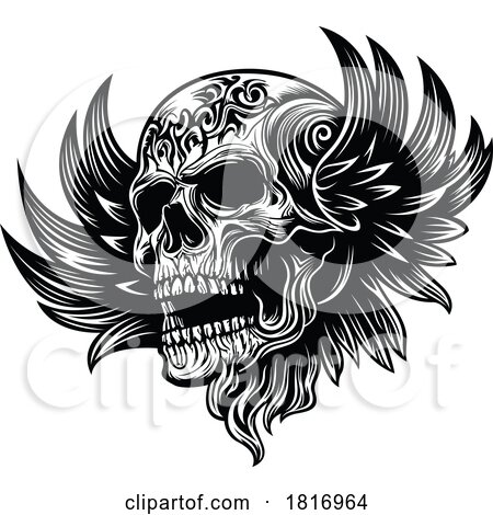 Black and White Winged Tattoo Skull by dero