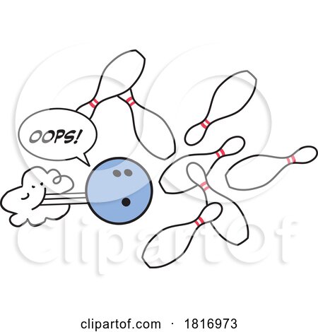 Cartoon Bowling Ball Saying Oops As It Hits the Pins Licensed Clipart by Johnny Sajem