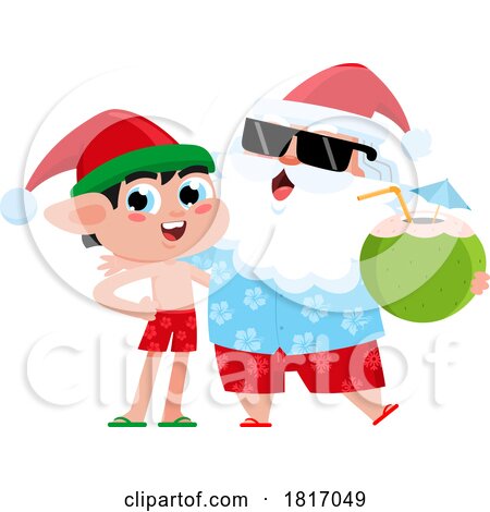 Cartoon Vacation Santa and Elf with a Coconut Licensed Clipart by Hit Toon