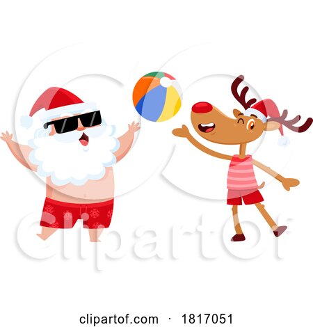 Cartoon Vacation Santa Claus and Reindeer Playing with a Beach Ball Licensed Clipart by Hit Toon