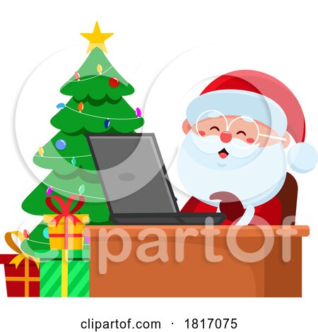 Cartoon Santa Claus Using a Laptop Licensed Clipart by Hit Toon