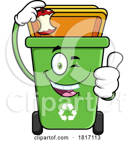 Cartoon Recycle Bin Mascot Inserting an Apple Core Licensed Clipart by Hit Toon