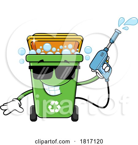 Cartoon Recycle Bin Mascot Power Washing Licensed Clipart by Hit Toon