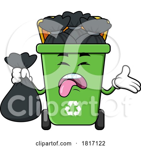 Cartoon Gagging Recycle Bin Mascot Full of Bags Licensed Clipart by Hit Toon