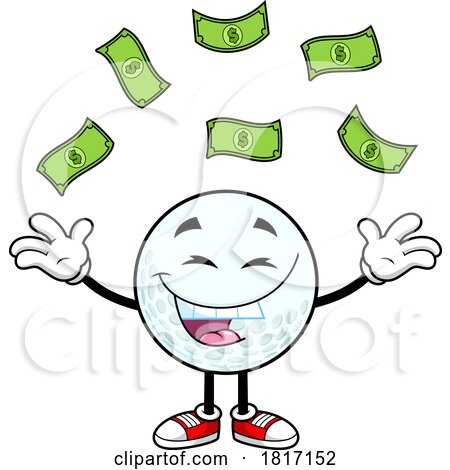 Cartoon Cash Raining down on a Golf Ball Mascot Licensed Clipart by Hit Toon