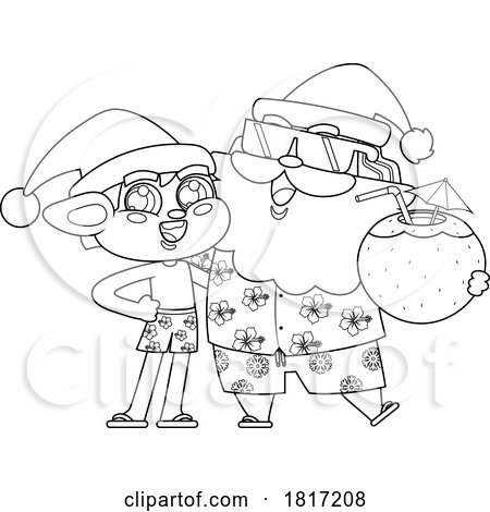 Cartoon Vacation Santa and Elf with a Coconut Licensed Clipart by Hit Toon