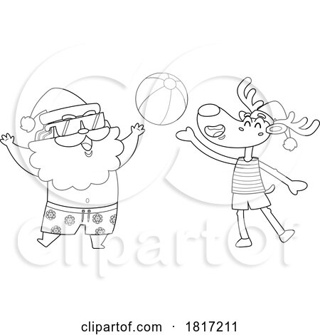 Cartoon Vacation Santa Claus and Reindeer Playing with a Beach Ball Licensed Clipart by Hit Toon