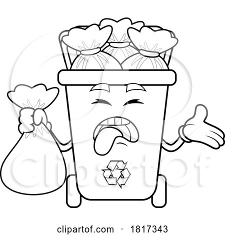 Cartoon Gagging Recycle Bin Mascot Full of Bags Licensed Clipart by Hit Toon