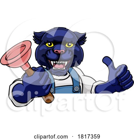 Panther Plumber Cartoon Mascot Holding Plunger by AtStockIllustration