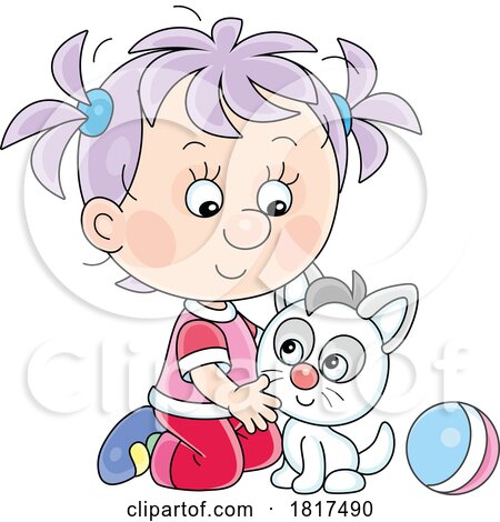 Cartoon Girl Petting Her Kitten Licensed Clipart by Alex Bannykh